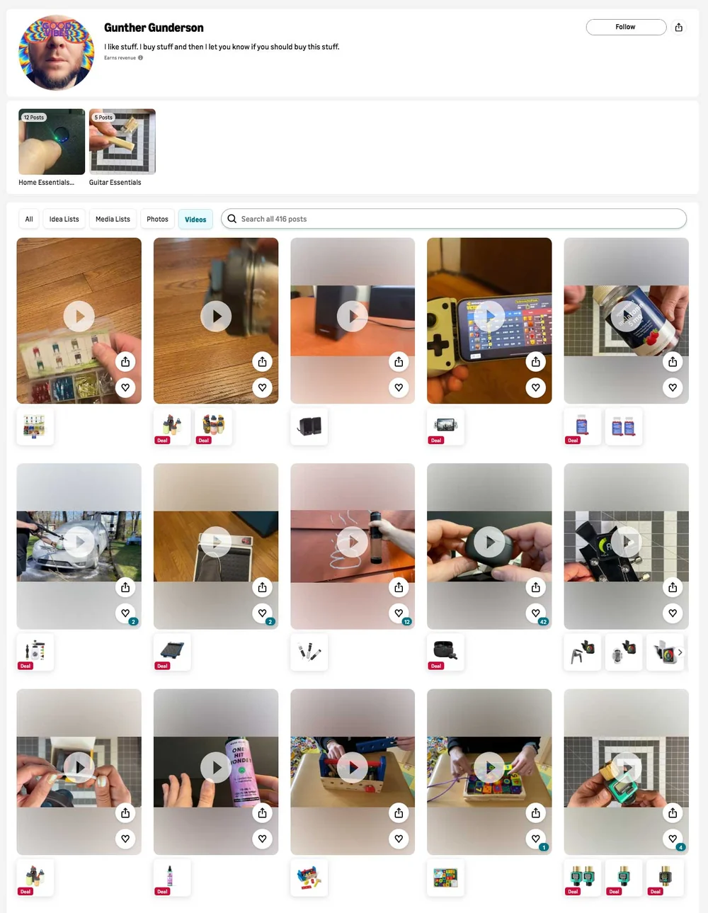 Gunther Gunderson’s Amazon storefront showing hands-on shoppable product videos