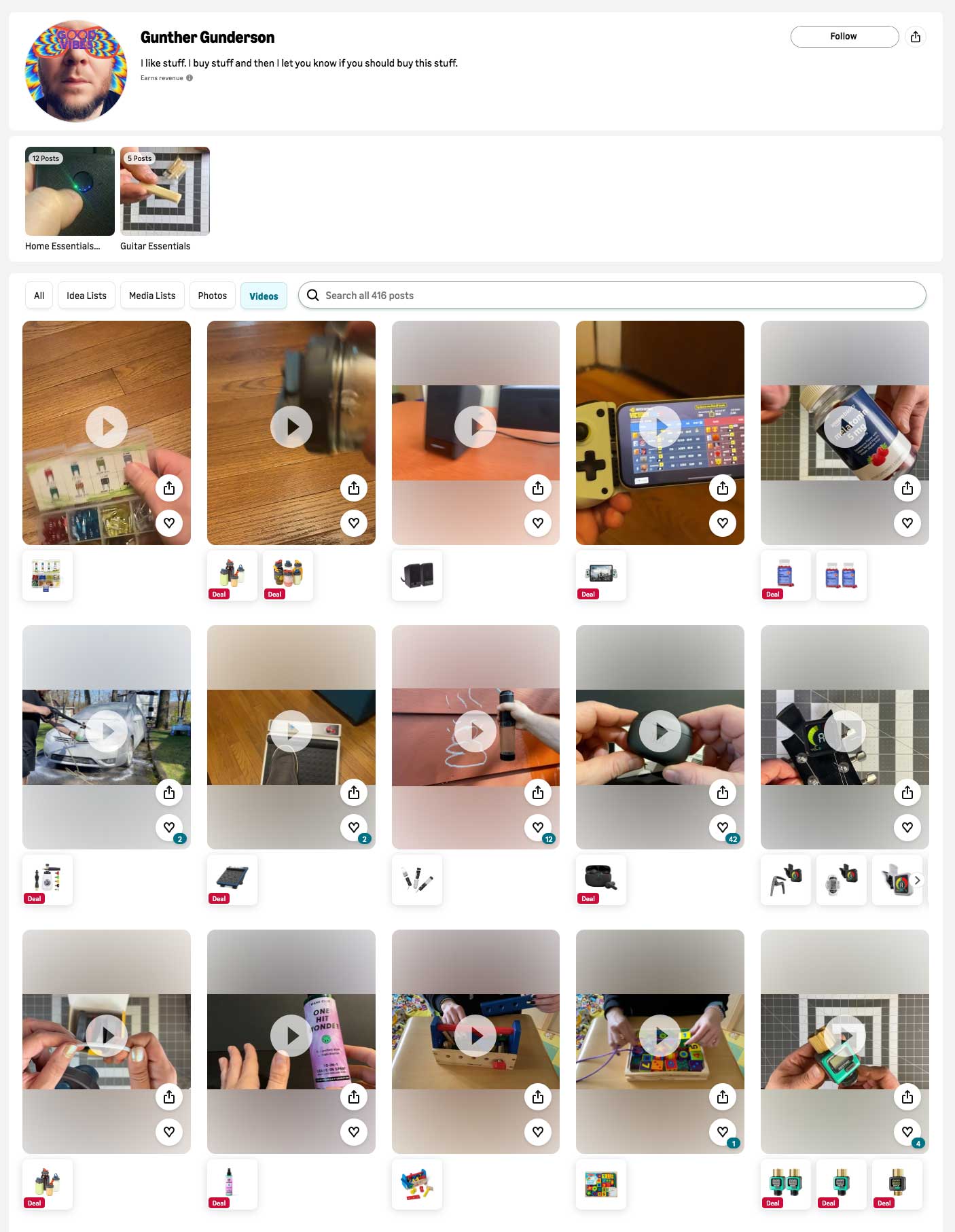 Gunther Gunderson’s Amazon storefront showing hands-on shoppable product videos
