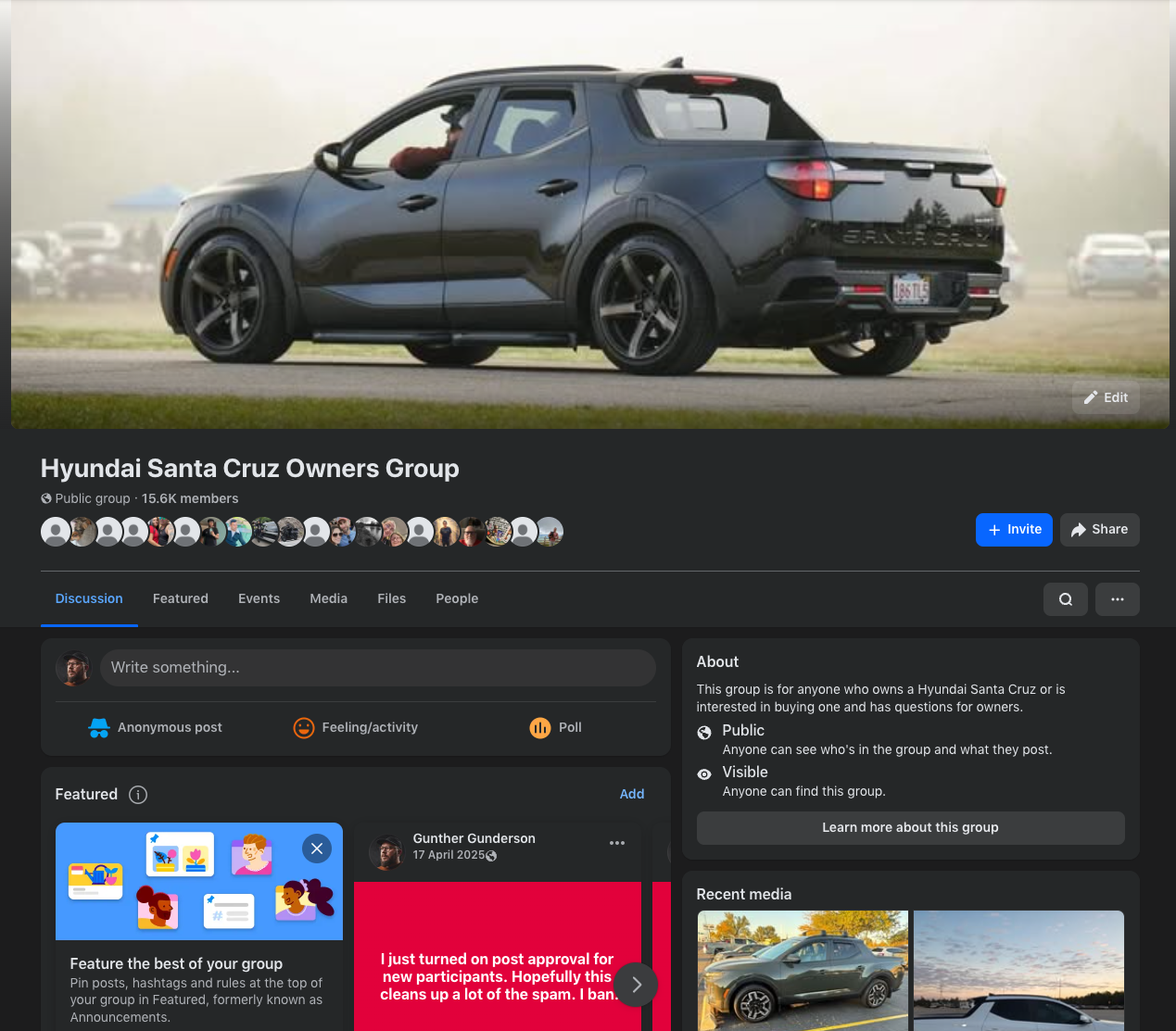 Hyundai Santa Cruz Owners Group Facebook group screenshot