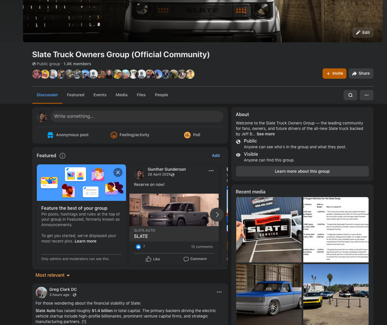 Slate Truck Owners Group Facebook group screenshot