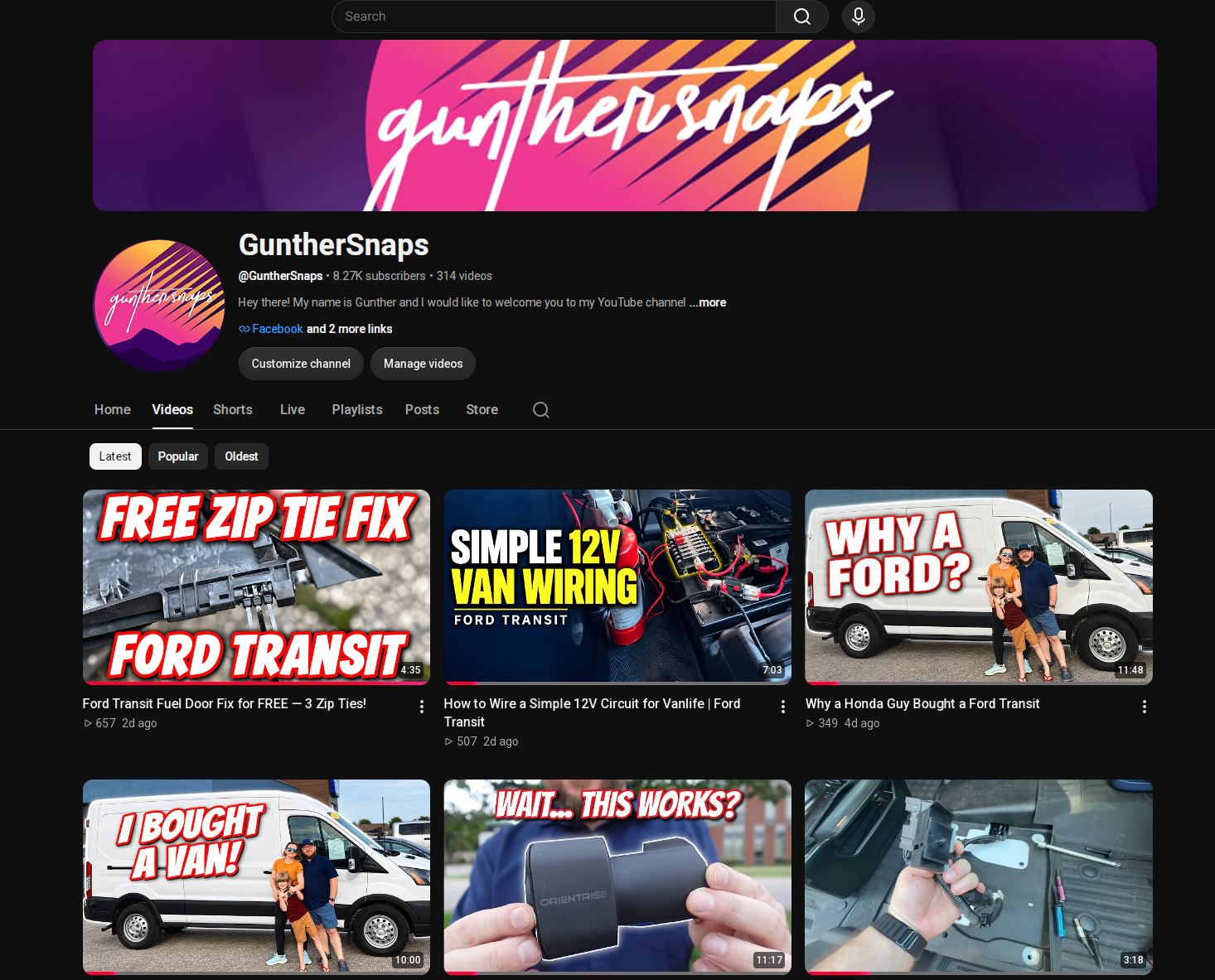 GuntherSnaps YouTube channel with 8.27K subscribers, 314 videos and recent Ford Transit project videos